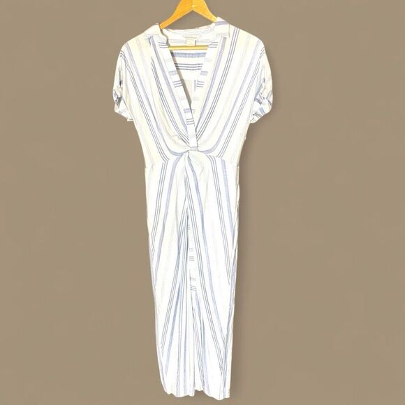 Club Monaco Knot Front Button  Front Short Sleeve Blue & White Striped Maxi Dres - Picture 2 of 7